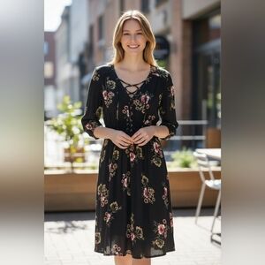 American Rag Black Floral Lace-Up Dress